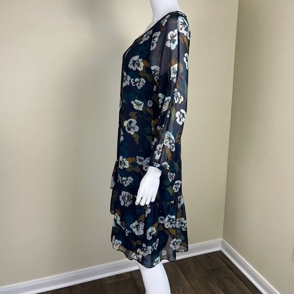 Cabi Women's Size S Blue Floral Sheer Pirouetee Drop Waist Teired Midi Dress - Picture 13 of 16